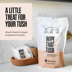 MightyGood Wipe That Tush fragrance-free close-up, gentle on sensitive skin.
