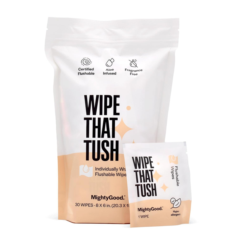 MightyGood Wipe That Tush on-the-go pack front view, travel-ready packaging.