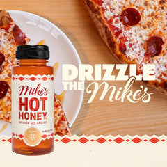 Close-up of Mike's Hot Honey label showing natural ingredients and kosher certification.