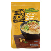 Mike's Mighty Good fried garlic chicken soup pack in a steaming bowl ready to serve