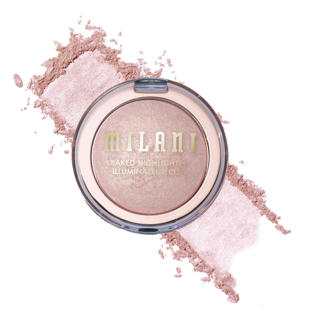 Milani Dolce Perla baked highlighter on terracotta tiles for a soft glow