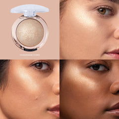 Milani Baked Highlighter swatch shows velvety-soft texture and easy blending.