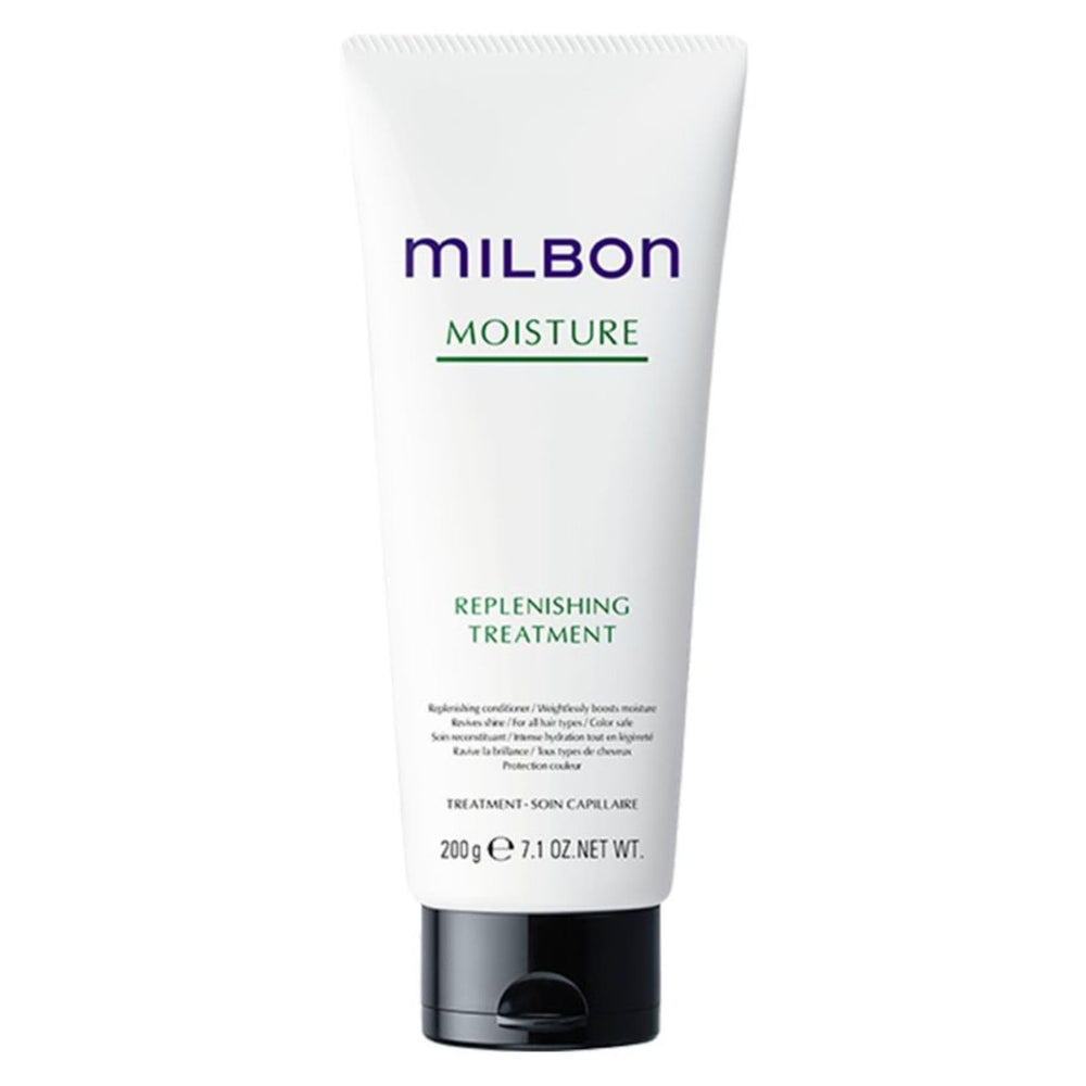 Milbon Moisture Replenishing Conditioner bottle front showing color-safe hydration for all hair types