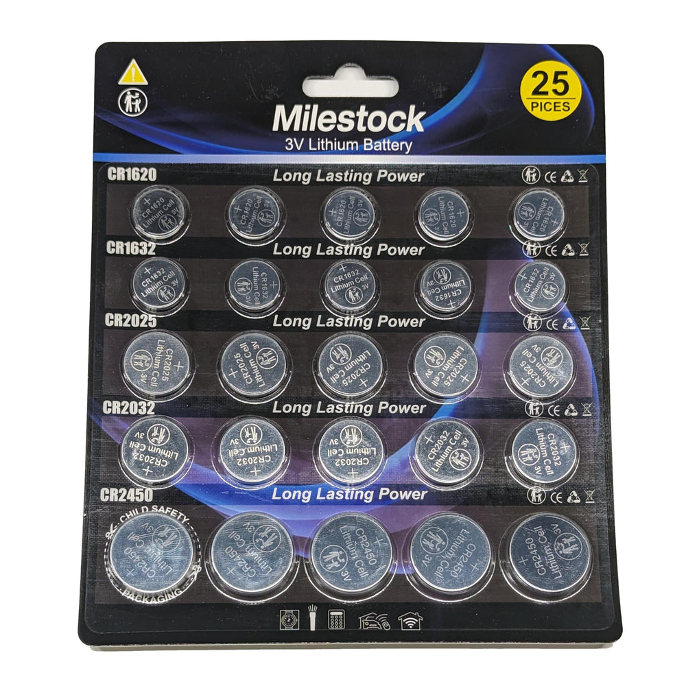 Milestock 25-piece battery assortment front view, for watches, remotes, and small electronics