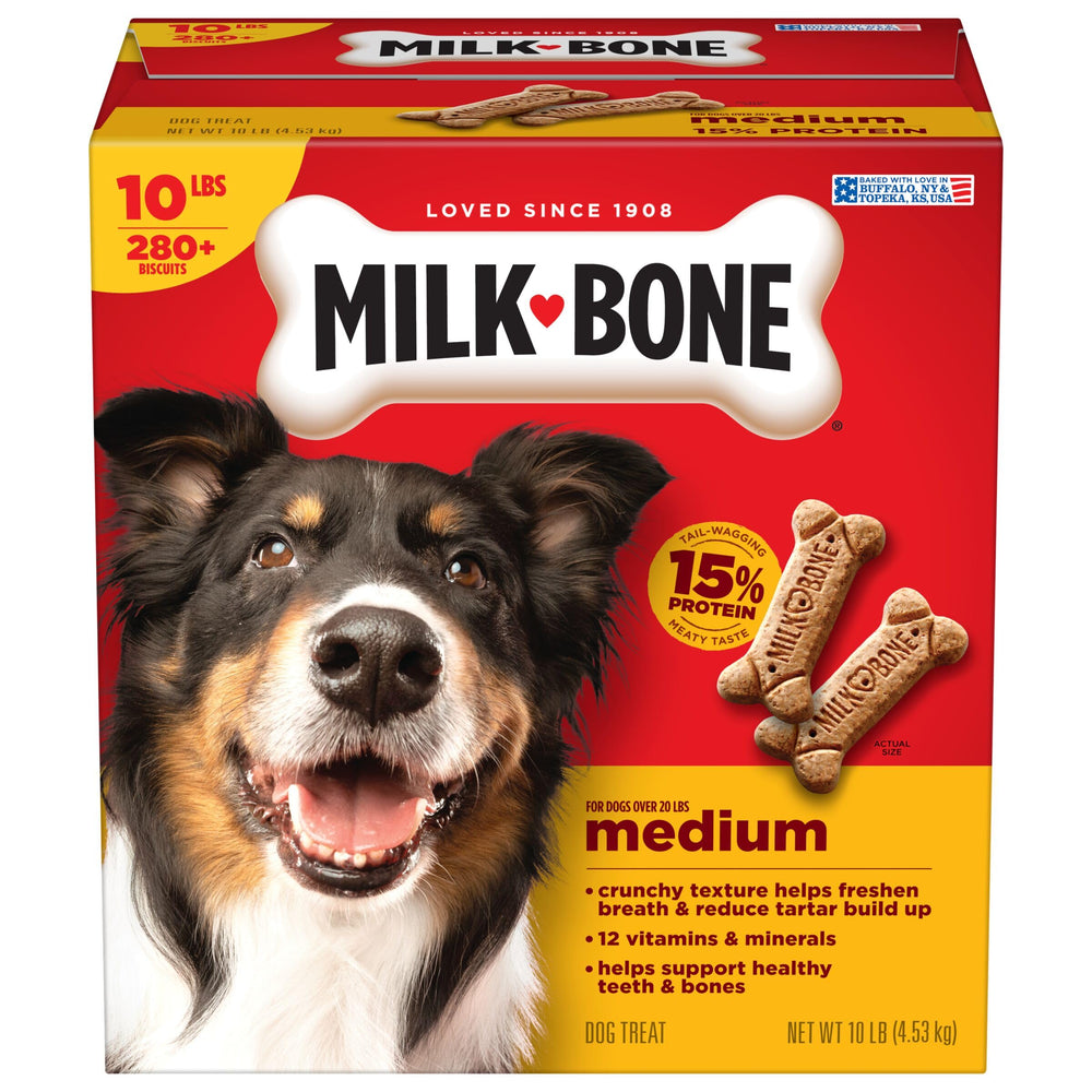 Milk-Bone Original medium dog box with bite-sized biscuits that support dental care.