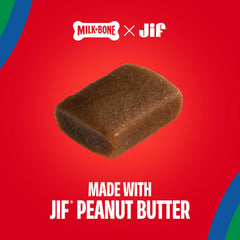 Package highlighting Jif peanut butter and real bacon in Milk-Bone bites