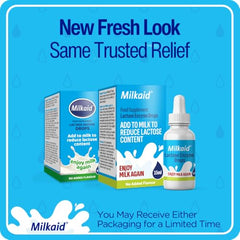 Close-up of Milkaid drops being dispensed for lactose digestion