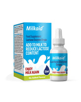 Milkaid lactase drops bottle shown for lactose digestion support
