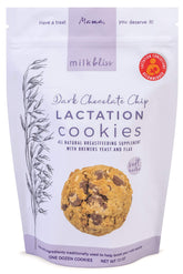 MilkBliss dark chocolate chip oatmeal lactation cookies close-up, a lactation-friendly snack