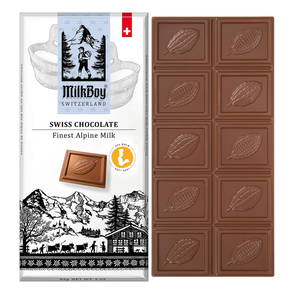 Milkboy Swiss Chocolates bar packaging art highlights gift-ready design.