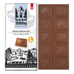 Milkboy Swiss Chocolates bar packaging art highlights gift-ready design.