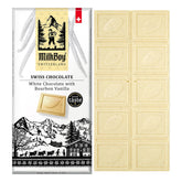 MilkBoy Swiss Chocolates white chocolate bar with bourbon vanilla in a gift-ready pack.