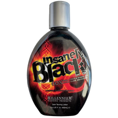 Millennium Tanning Insanely Black 60x bottle front shows ultra-dark bronzing potential.