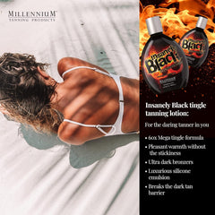 Model displays a deep bronze finish with Millennium Tanning Insanely Black 60x.