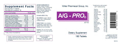 Miller Pharmacal A/G Pro tablets back view with label detailing daily use.