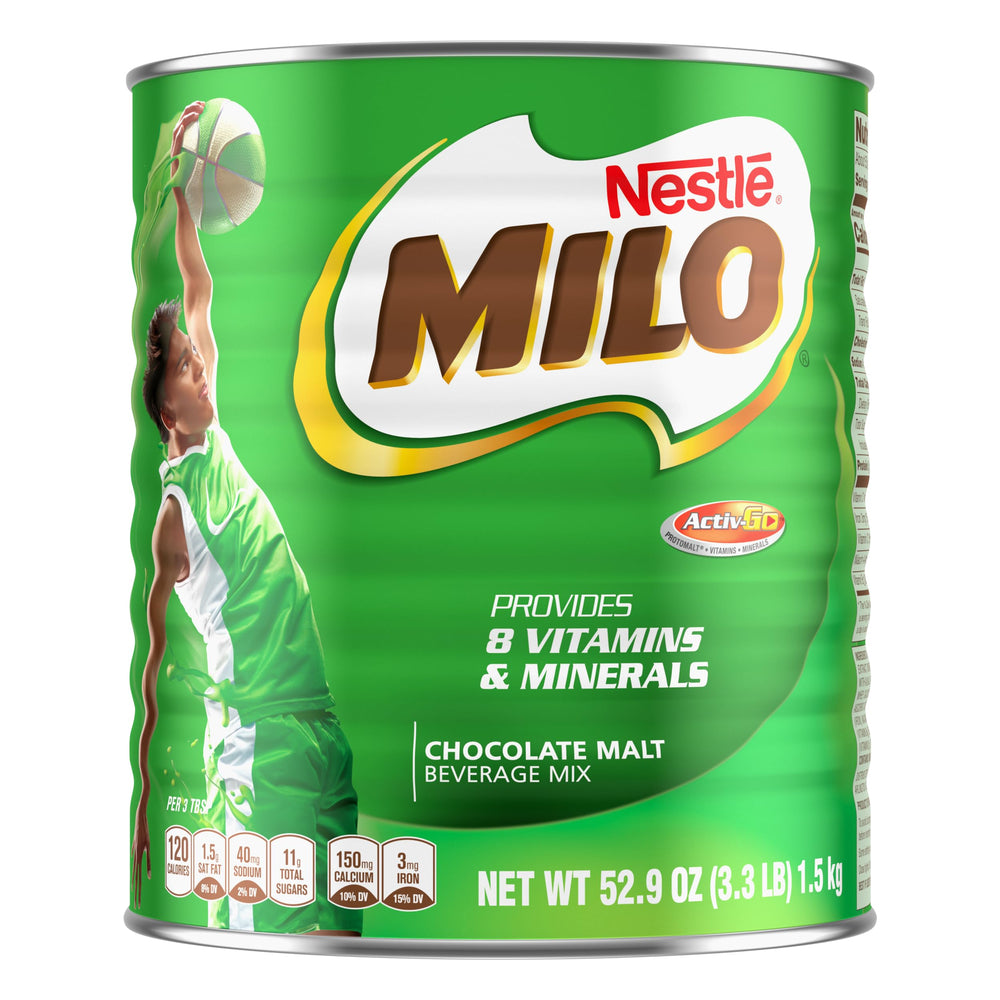 MILO chocolate malt beverage can three-point-three-pound ready for family breakfast.