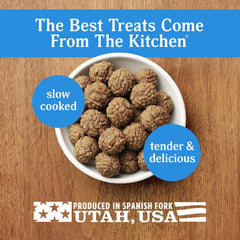 Dog enjoying Milo’s Kitchen meatballs during training