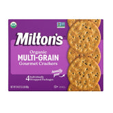 Milton's Craft Bakers Multi-Grain Crackers packaging highlights organic, non-GMO ingredients for wholesome snacking.