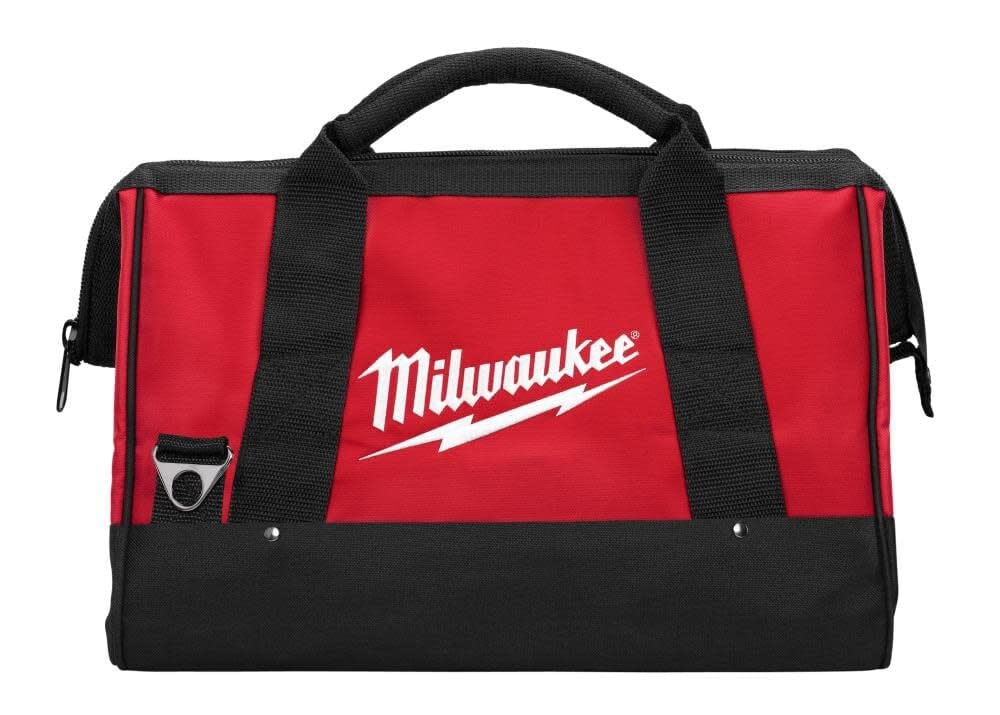 Milwaukee 17-inch heavy-duty canvas tool bag with reinforced bottom for safe tool transport on site.