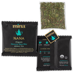 Mina Nana biodegradable sachets emphasize sustainability and convenient tea moments.