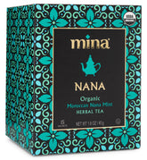 Mina Nana Organic Moroccan Mint tea bags pack close-up highlights eco-friendly packaging.