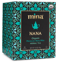 Mina Nana Organic Moroccan Mint tea bags pack close-up highlights eco-friendly packaging.