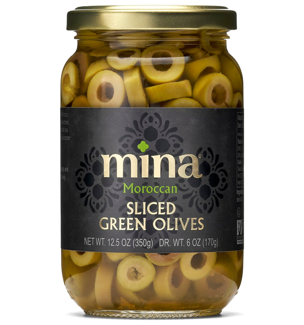 Mina Sliced Green Olives garnishing closeup for vibrant plates and savory highlights