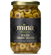 Mina Sliced Green Olives garnishing closeup for vibrant plates and savory highlights