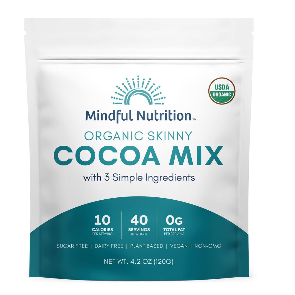 Mindful Nutrition Organic Skinny Hot Cocoa Mix packaging close-up with simple ingredients.