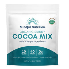 Mindful Nutrition Organic Skinny Hot Cocoa Mix packaging close-up with simple ingredients.