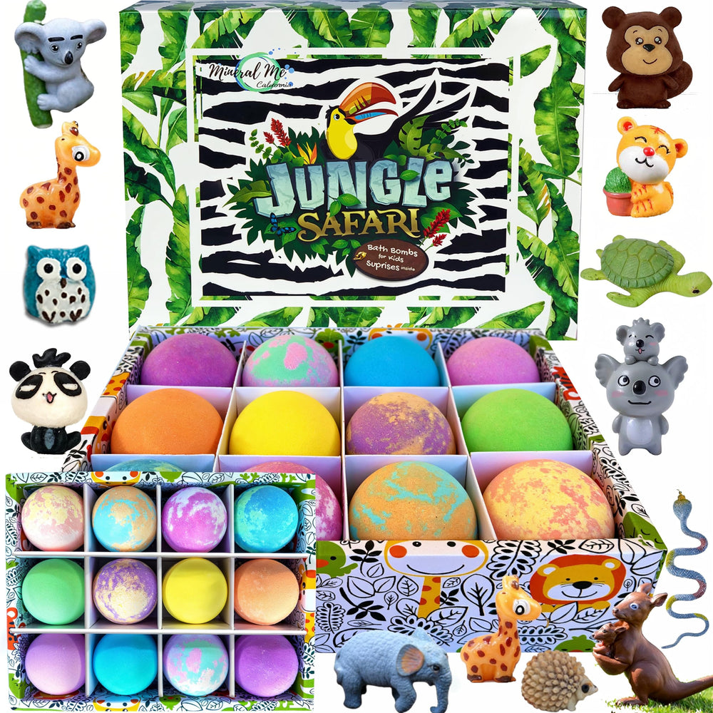 Mineral Me California bath bomb with toy inside for kids, playful bath time.