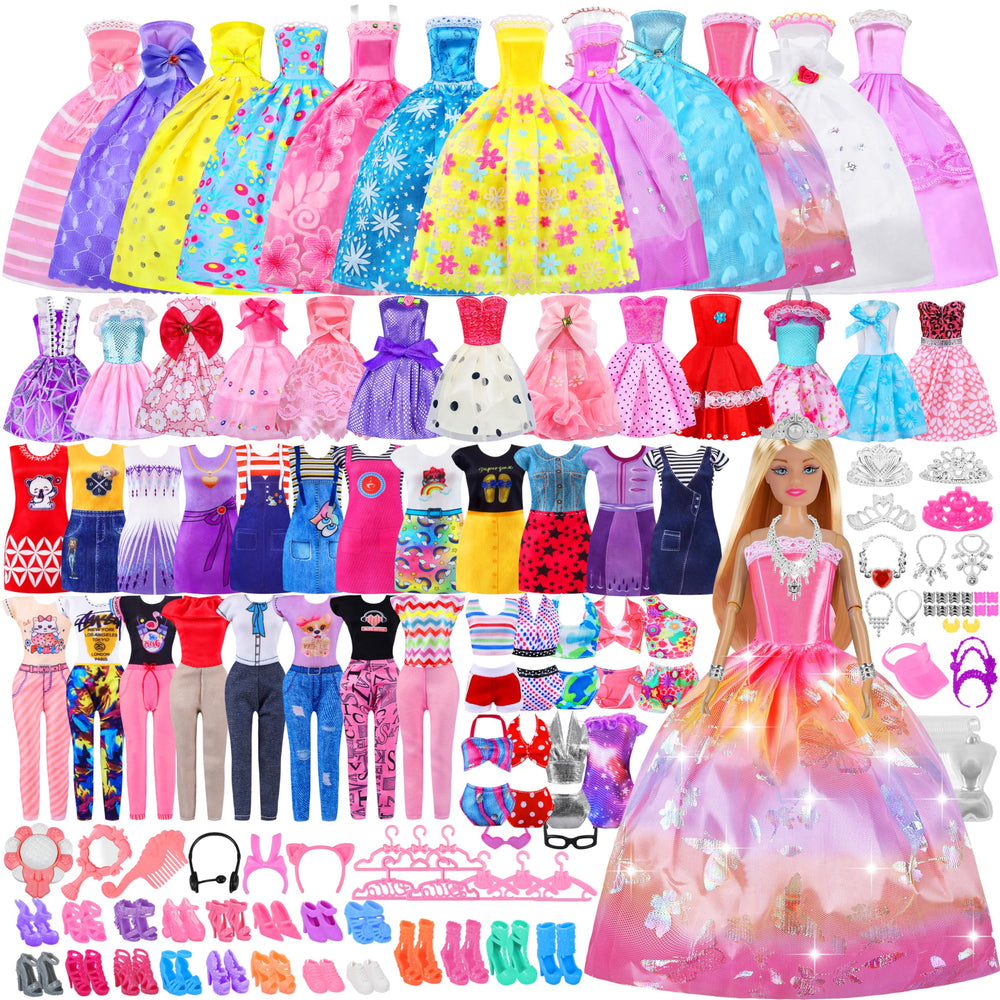 MINIFUN 135-piece doll clothes set with doll and accessories for imaginative play.