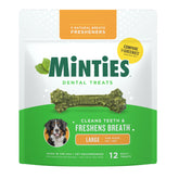 Minties dental chews large dog bone shape helps scrub teeth during chewing.