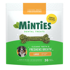 Minties large-dog dental chews 36-count pack for fresher breath and cleaner teeth.