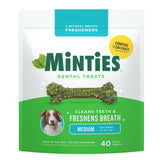 Minties dental chews packaging front shows brand and vet-recommended status.