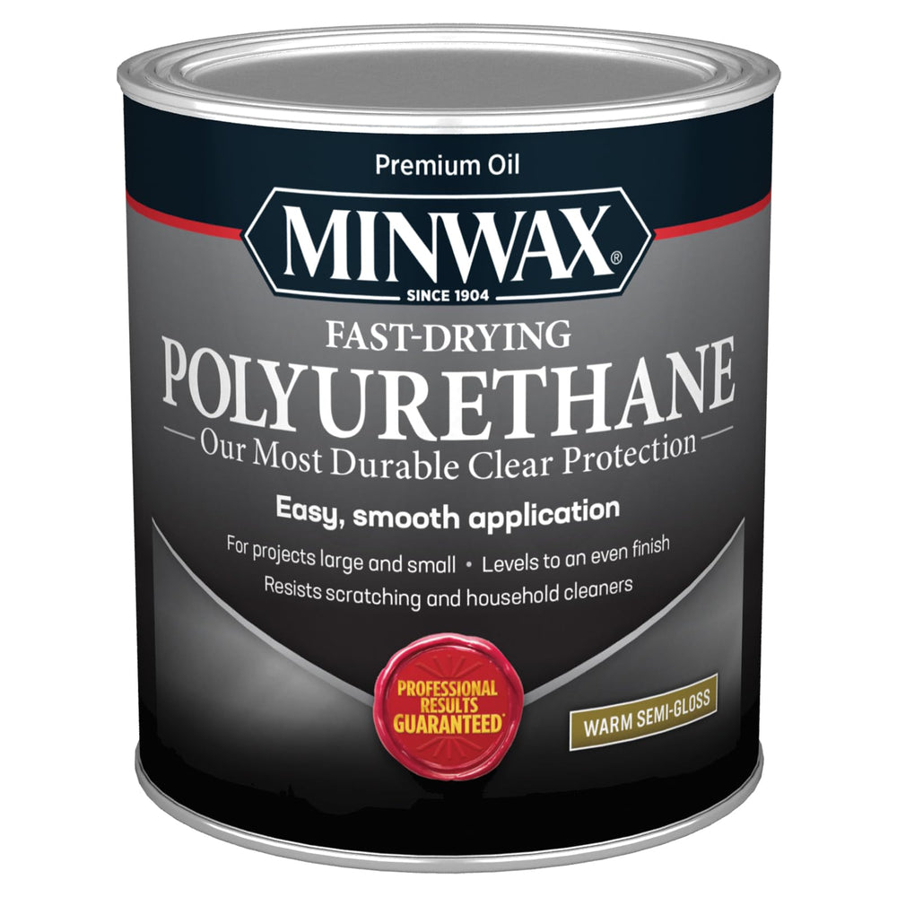 Minwax Fast Drying Polyurethane bottle shows clear semi-gloss finish for interior wood protection