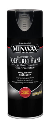 Minwax fast-drying polyurethane spray bottle for quick, even coats.