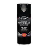 Minwax fast-drying polyurethane spray seals interior wood surfaces with a durable satin finish.