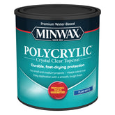 Minwax Polycrylic finish bottle shows a crystal-clear protective coating for interior wood projects.