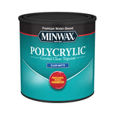 Minwax Polycrylic crystal-clear finish on a wood sample, showcasing protection.