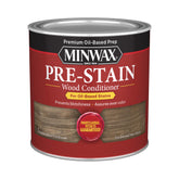Minwax Pre-Stain Wood Conditioner bottle pour prepares wood for even stain absorption.