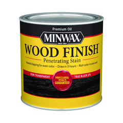Minwax True Black stain bottle pour showing rich interior color potential