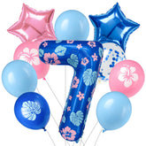 Minyu tropical floral number seven foil balloon used as a bold birthday centerpiece
