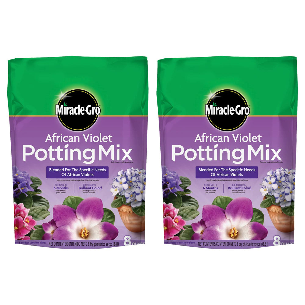 Miracle-Gro African Violet Potting Mix bag—8 qt two-pack designed for healthier blooms.