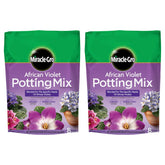 Miracle-Gro African Violet Potting Mix bag—8 qt two-pack designed for healthier blooms.