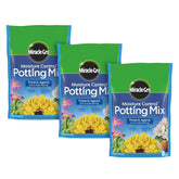 Miracle-Gro Moisture Control potting mix bag showing moisture-absorption formula for container plants.