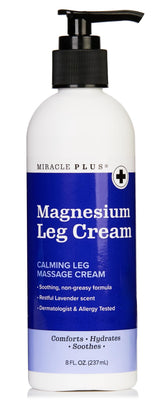 Miracle Plus Magnesium Cream bottle showing leg relief benefit and soothing texture.