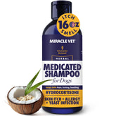 Miracle Vet medicated shampoo bottle pouring for quick relief and clean coat