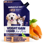 Miracle Vet weight gainer bottle front shows high-calorie supplement for dogs and cats, supporting energy