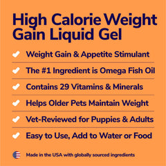 Miracle Vet weight gainer ingredients visual highlights omega-3 fish oil and essential vitamins and minerals